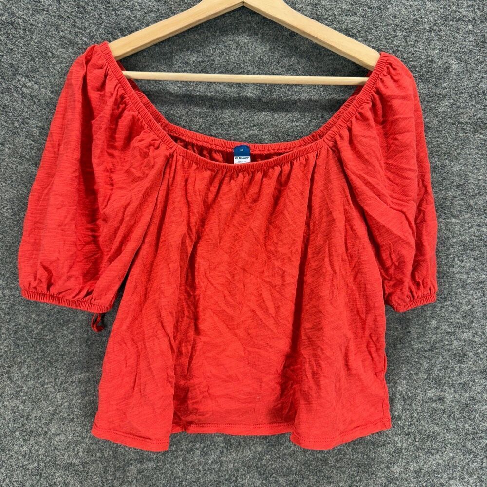 Old Navy Blouse Women M Medium Red Short Sleeve Round Neck Cotton Casual Solid